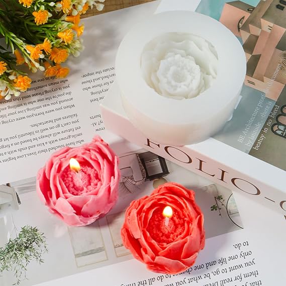 Pack of 4 Peony Flower Candle Moulds Silicone Moulds Flowers Flower Candle Mould Silicone Roses Carnation Chrysanthemum Peony 3D Silicone Moulds for DIY Handmade Decoration