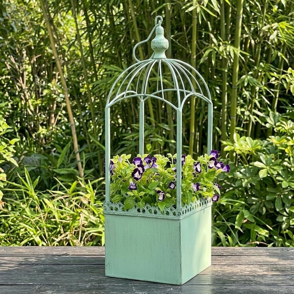Maceta Colgante de Hierro Forjado, Estilo Vintage, para Exterior, con Cadena, macetero Cuadrado Pintado con Drenaje, Verde Envejecido