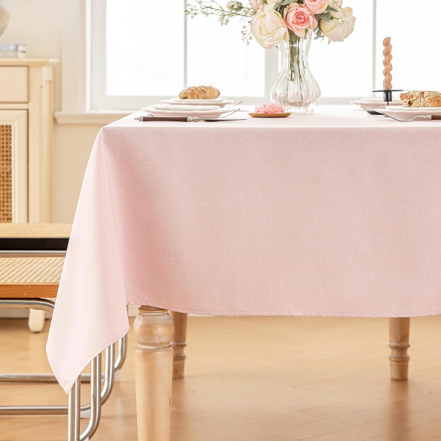 Alsoo Valentines Table Cloth Rectangle Table, 60×106 Inch Linen Textured Table Cloth Waterproof Tablecloths Wrinkle Free Fabric Farmhouse Table Cover for Dining Parties Buffets Holidays,Light Pink
