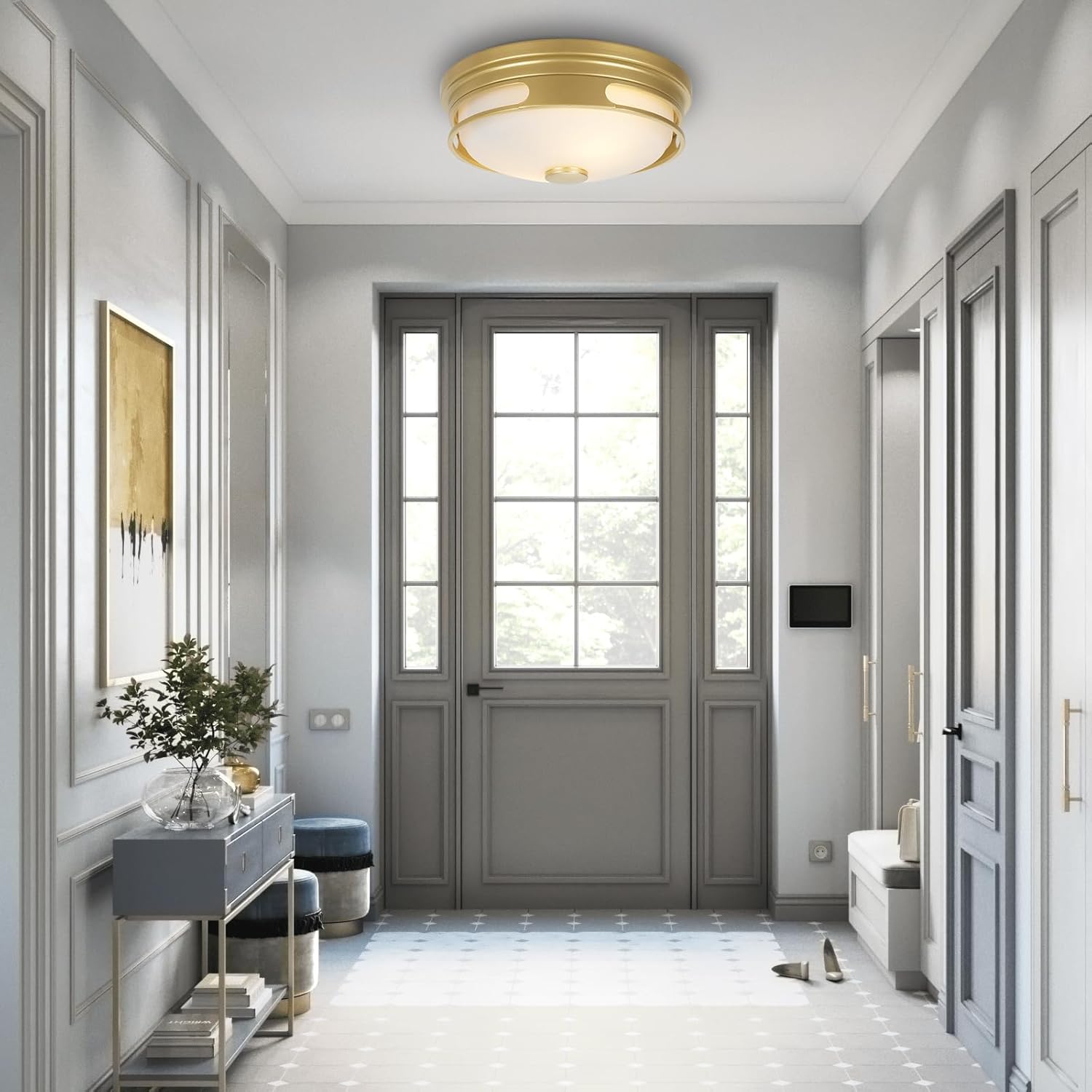 Close to Ceiling Light Fixture, Flush Mount Ceiling Light with Frosted Glass Shade, 2-Light Modern Country Black White Ceiling Lamp for Kitchen Bathroom Hallway Entryway Foyer Black ROS64A BG