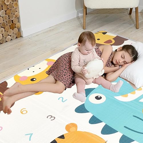 Miniatura 8 de Tapetes de juego para bebé para piso, 79 x 59 x 0.6 pulgadas, tapete de juego plegable de espuma para bebés, tapete de juego reversible impermeable