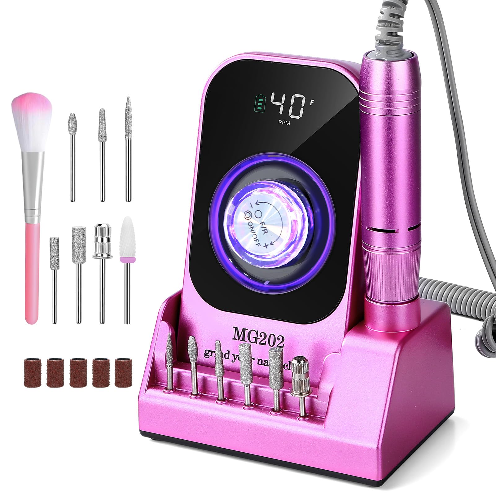 Nagelfräser Elektrisch 40.000 U/Min mit LED Display, Profi Nagelbohrer für Gel- & Acrylnägel, Wiederaufladbar 1800mAh, Maniküre Pediküre Set mit 7 Aufsätzen, Leise & Tragbar für Nagelstudio & Zuhause