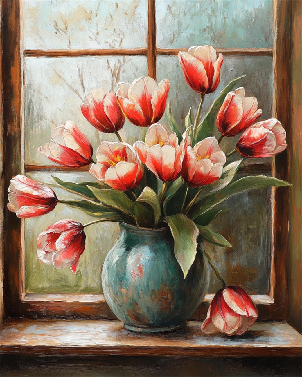 AMBATTERY Flowers DIY Bead Embroidery Set Tulips By The Window Bead Embroidery Kit for Adults Needlepoint Tapestry Set Beaded Stitching 40x50cm