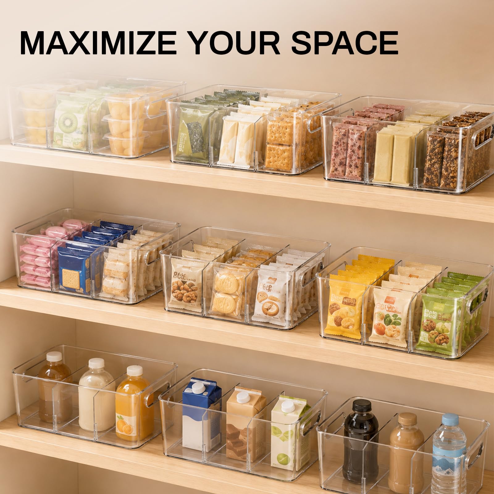 Mpotmiy Transparente Vorratsbehälter mit Trennwänden und Griffen, stapelbare Organizer für Küche, Kühlschrank, Schrank und Badezimmer, geeignet für Snacks, Getränke, Gewürze, Obst, Teebeutel, 8 Stück