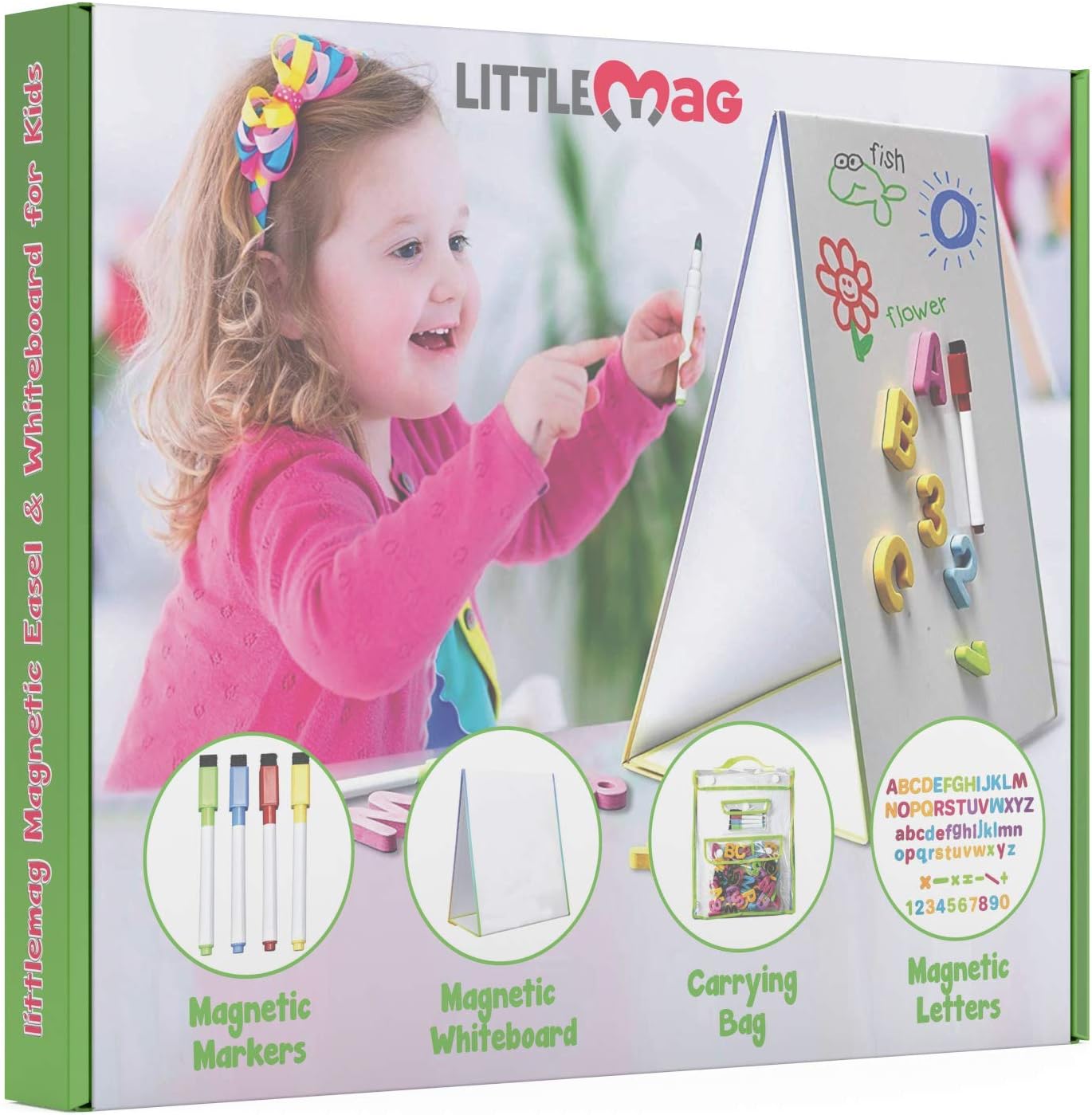 littlemagMagnetic Easel and Whiteboard for Kids – 4 Dry Erase Markers, 72 Magnet Numbers and Letters, and Bonus Carrying Bag – Table Top Educational Children’s Play Set