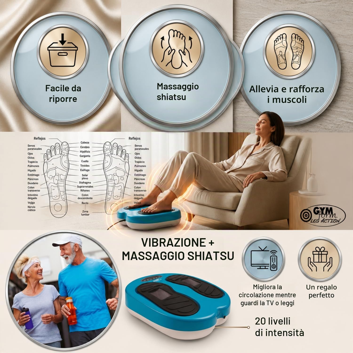 Massagiatore per Piede e gambe GYMFORM Leg Action Platinum, Massaggio Shiatsu, Telecomandato, 10 programmi, 20 velocità per Migliorare la Circolazione e Alleviare il Dolore