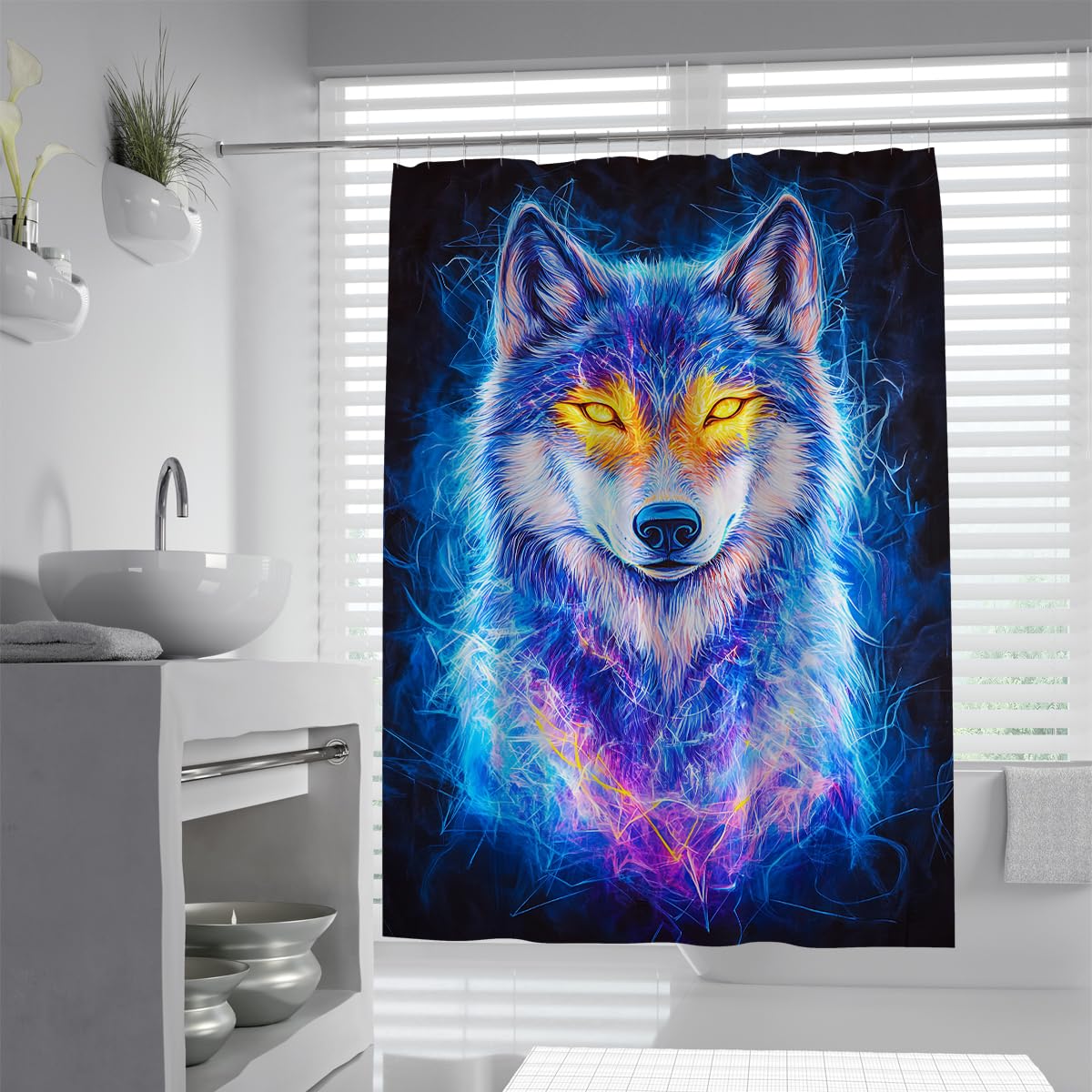 UIRINGART Neon Wolf Shower Curtain W120xL180cm Mystical Wildlife Print Polyester Anti-mould Lightweight Machine Washable Hotel Bath Curtain with Hooks