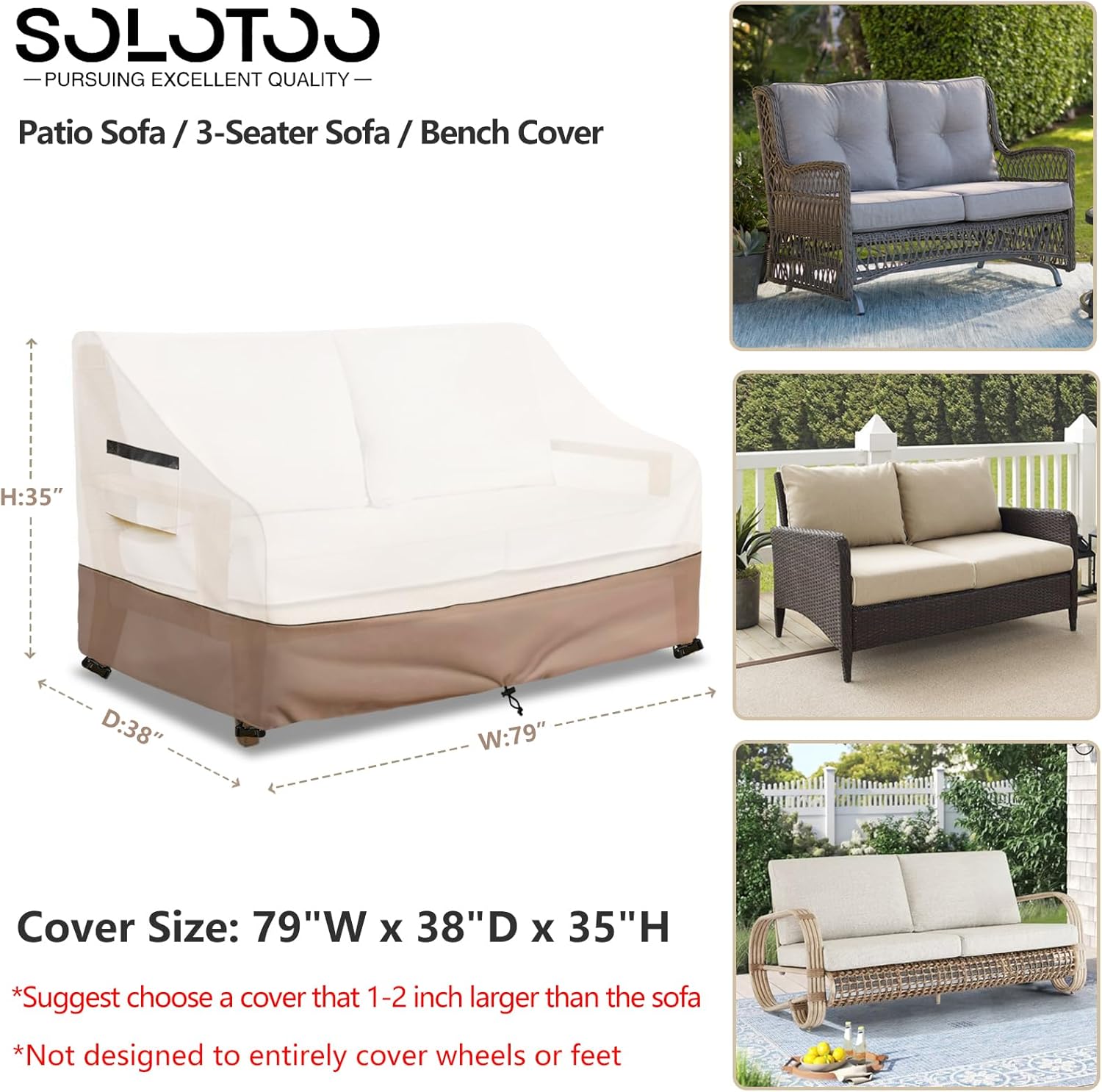 Outdoor Furniture Covers Waterproof Heavy Duty 3 Seater Outdoor Couch Cover, 79W x 38D x 35H Inches Patio Furniture Covers (Beige)