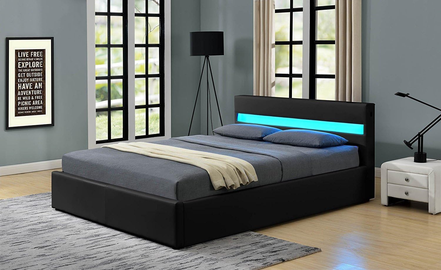 Romero LED Music Bed with Bluetooth - Speakers - Ottoman Gas Lift Storage - Faux Leather - Remote Control LEDs (Single 3ft, Black)