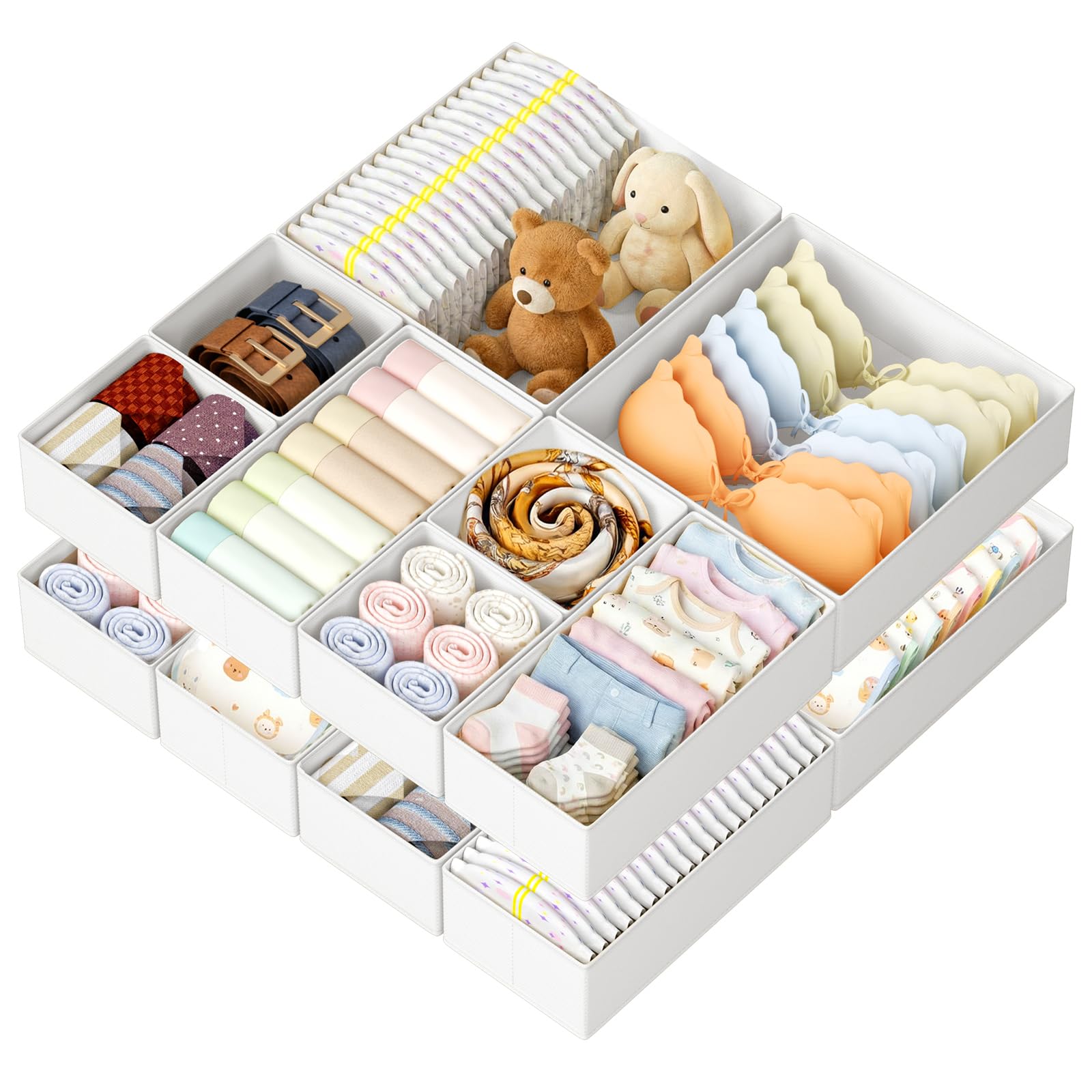 DIMJ Drawer Organisers and Clothes Dividers - 12 Pack Fabric Wardrobe Storage Cubes Foldable Draw Box for Socks, Underwear, Baby Clothing, Ties, Nursery, Bedroom, Chest of Drawers, White
