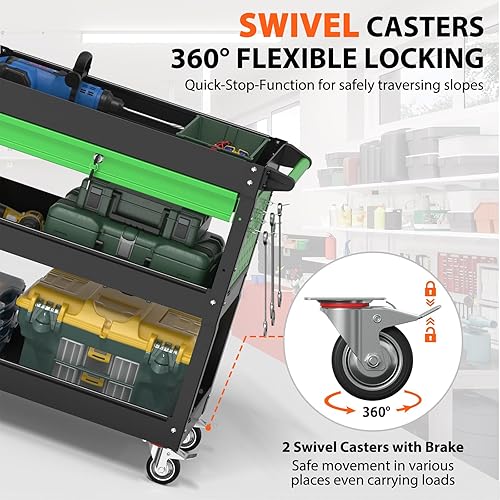 Miniatura 3 de Carrito de herramientas rodante de 3 niveles con ruedas, carrito utilitario resistente con cajones, carrito de servicio de gran capacidad de