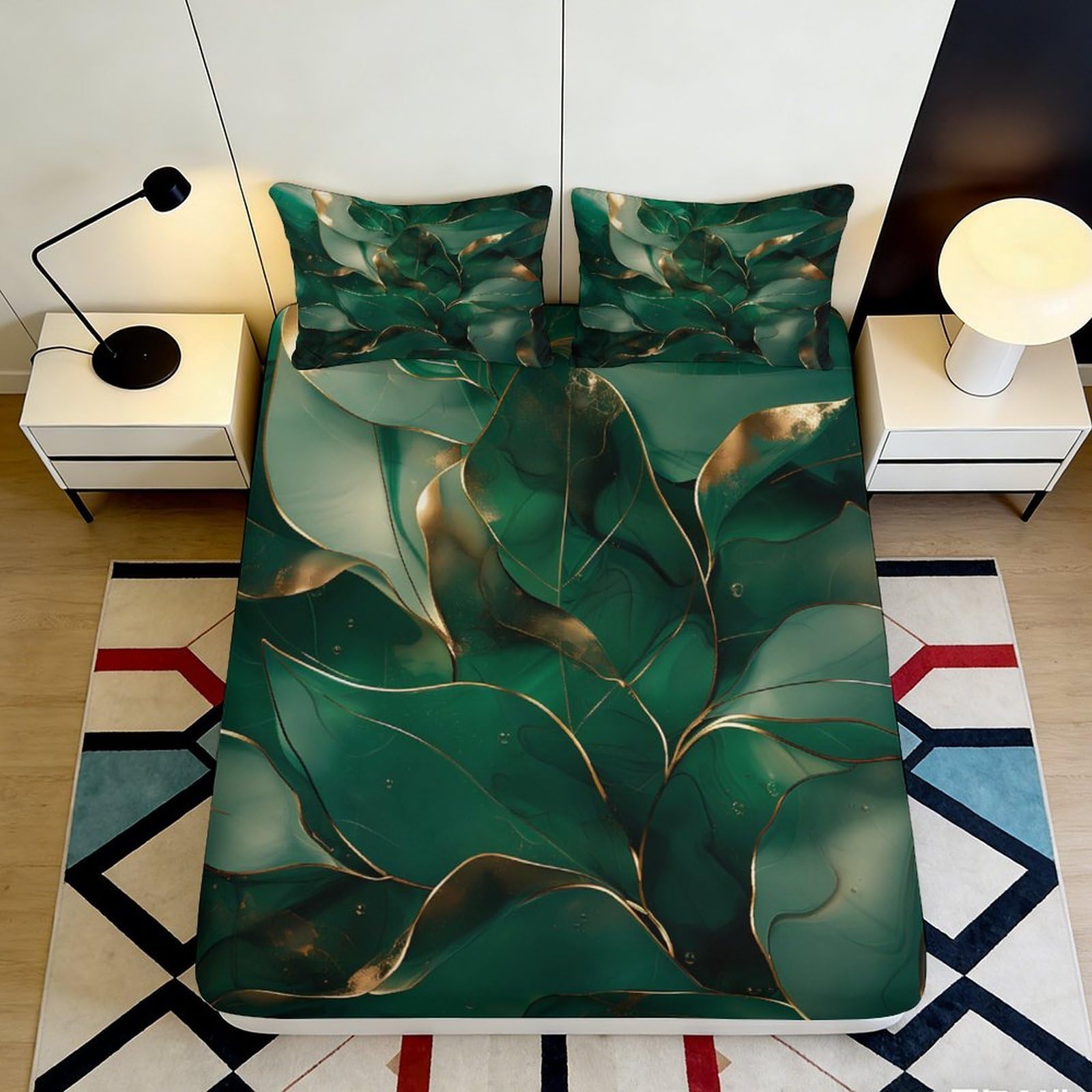 3D Printed Botanical Fitted Sheet Microfiber Deep Pocket Bedroom Bedding Green Leaf Mattress Fitted Cover Non-Slip Washable for All Ages 200x200x25cm