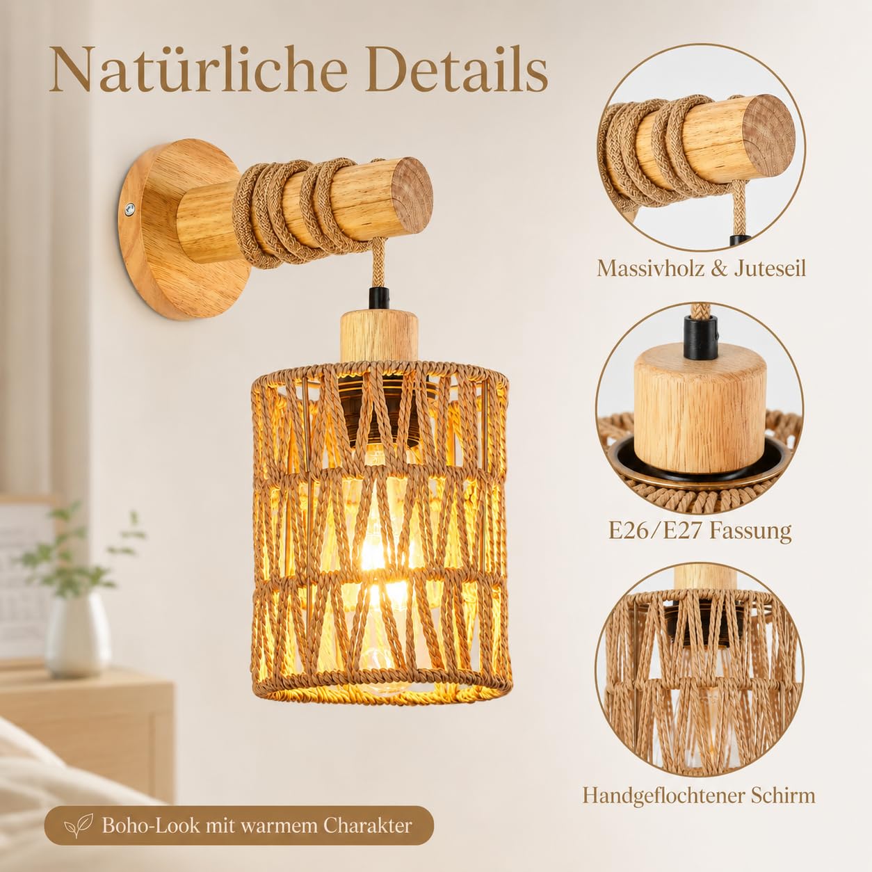 2er-Pack Vintage-Boho-Wandleuchten aus Holz und Rattan, E27 | Handgeflochtener Schirm, Festverdrahtet Wandlampe Vintage, Boho für Schlafzimmer, Wohnzimmer, Flur und Treppenhaus