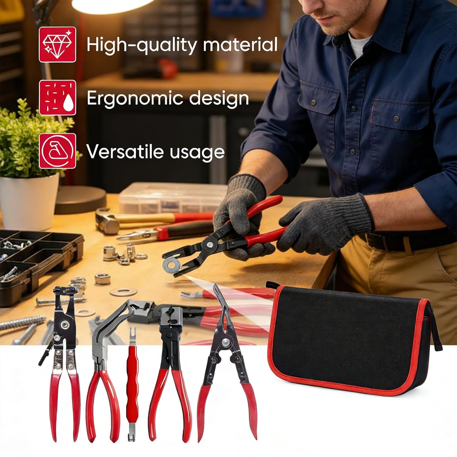 SAKER 5-Piece Automotive Electrical Disconnect Pliers Kit - High-Carbon Steel Connector Separator, Hose Clamp & Trim Clip Removal Tools for Auto Repair (1 SET)