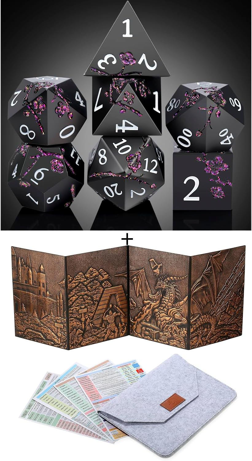 DNDND Glitter Purple Metal D&D Dice wtih Gift Case and DNDND 3D DM Screenwith Flet Case