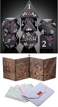 DNDND Glitter Purple Metal D&D Dice wtih Gift Case and DNDND 3D DM Screenwith Flet Case