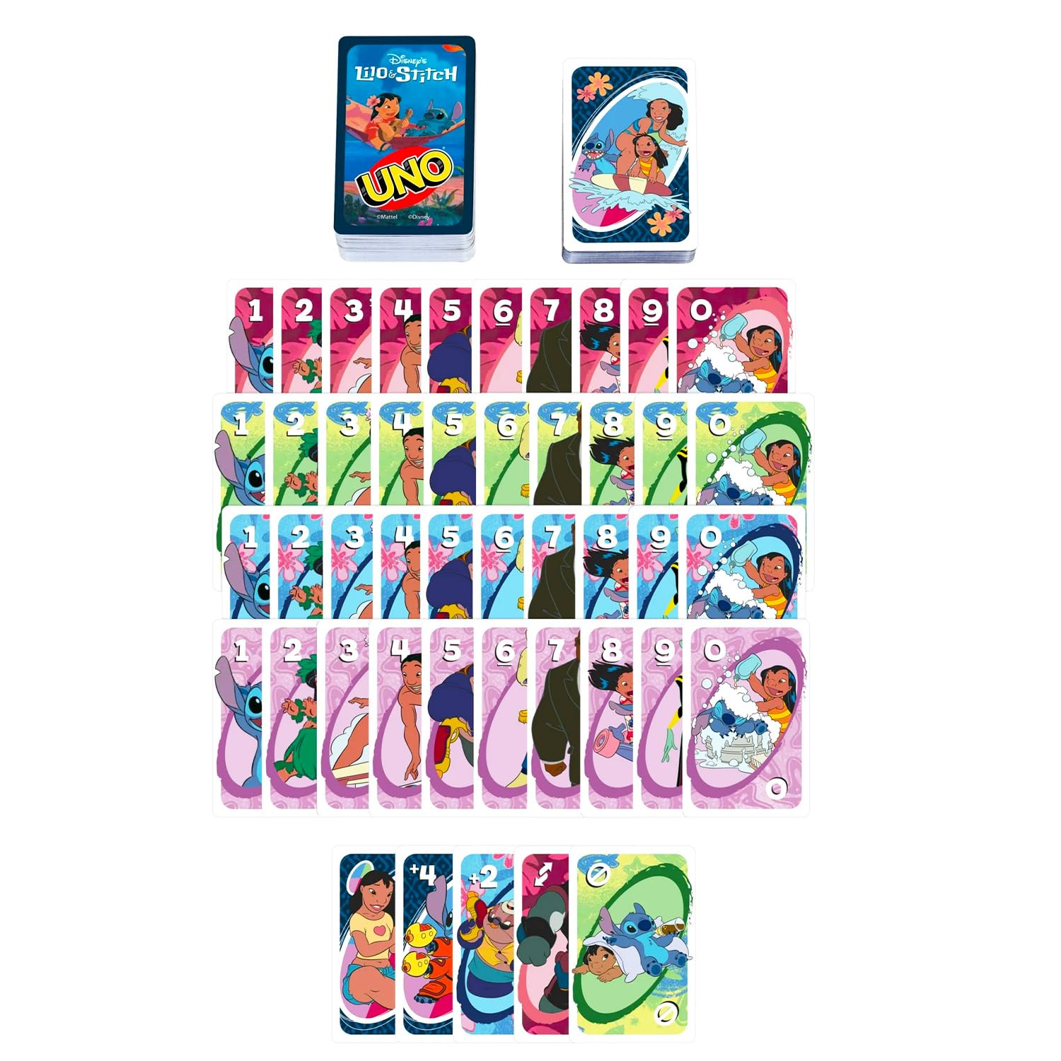 Stitch UNO Jeu de cartes – Ensemble avec jeu Disney UNO pour enfants et autocollants, plus | Jeu de cartes Lilo et Stitch pour enfants, soirée de jeu en famille