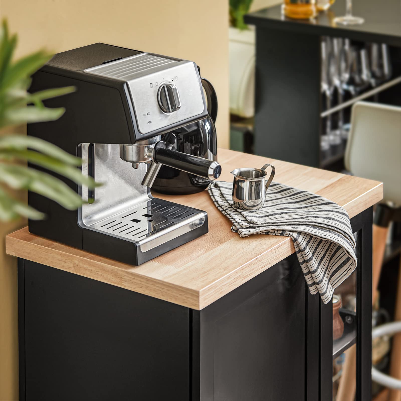 SoBuy Desserte Cuisine à roulettes avec étagère latérale 60 × 40 × 90 cm | Meuble cuisine avec placard et 2 étagères réglables sur 6 hauteurs, en MDF (E1) et verre, pour la salle à manger, FKW75-SCH