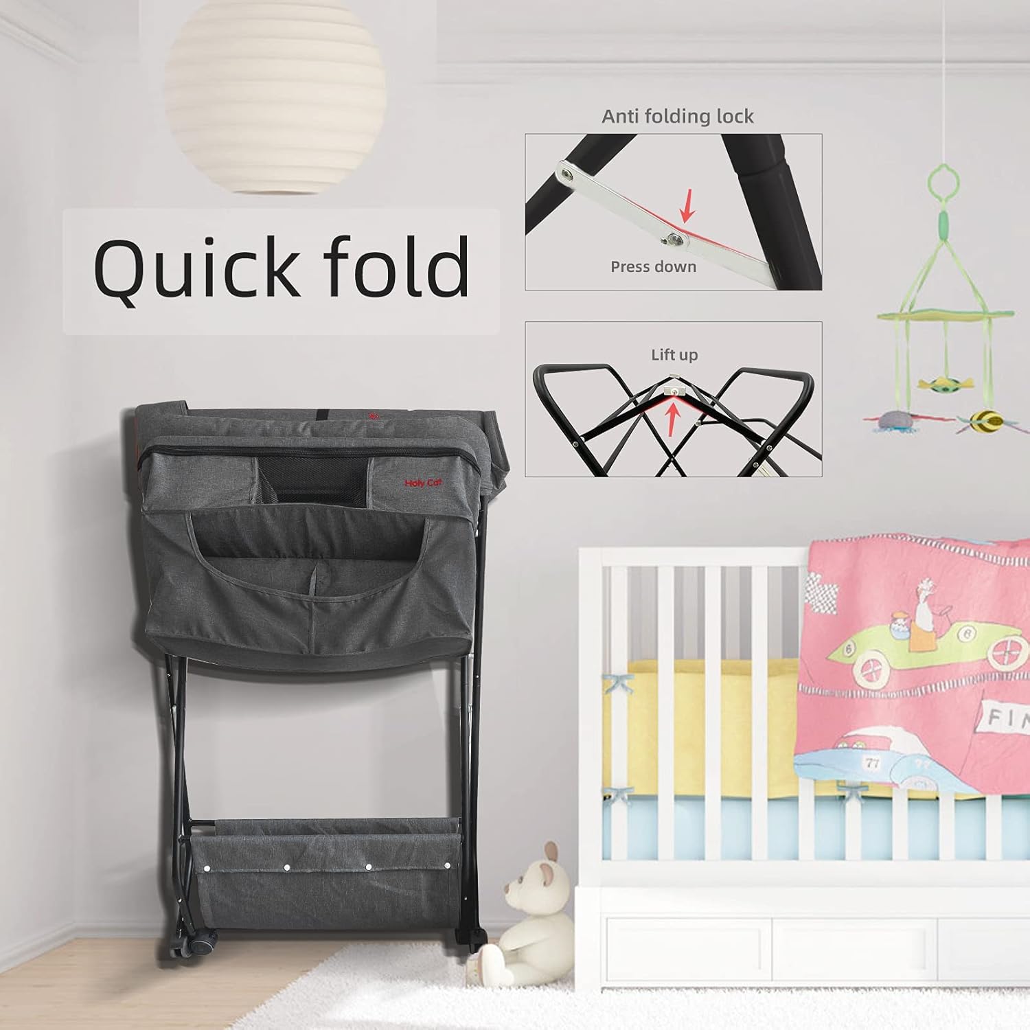 Holy Cat Baby Portable Changing Table with Wheels Adjustable Height Folding Infant Diaper Station Mobile Nursery Stand with Newborn Lightweight Large Storage Rack - Grey : Baby