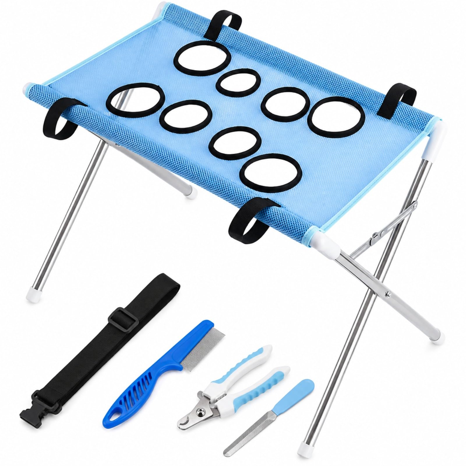 Dog Bath Holder for Small Dogs, Foldable Pet Bathing Stand with 8 Leg Openings, Adjustable Restraint Straps, Up to 10 kg Grooming Stand for Cats, Puppies, Washing and Nail Trimming, Brushing (D)