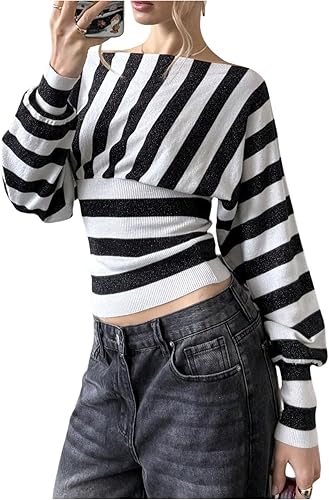 MakeMeChic Women's Striped Off The Shoulder Sweater Long Sleeve Knit Pullovers B