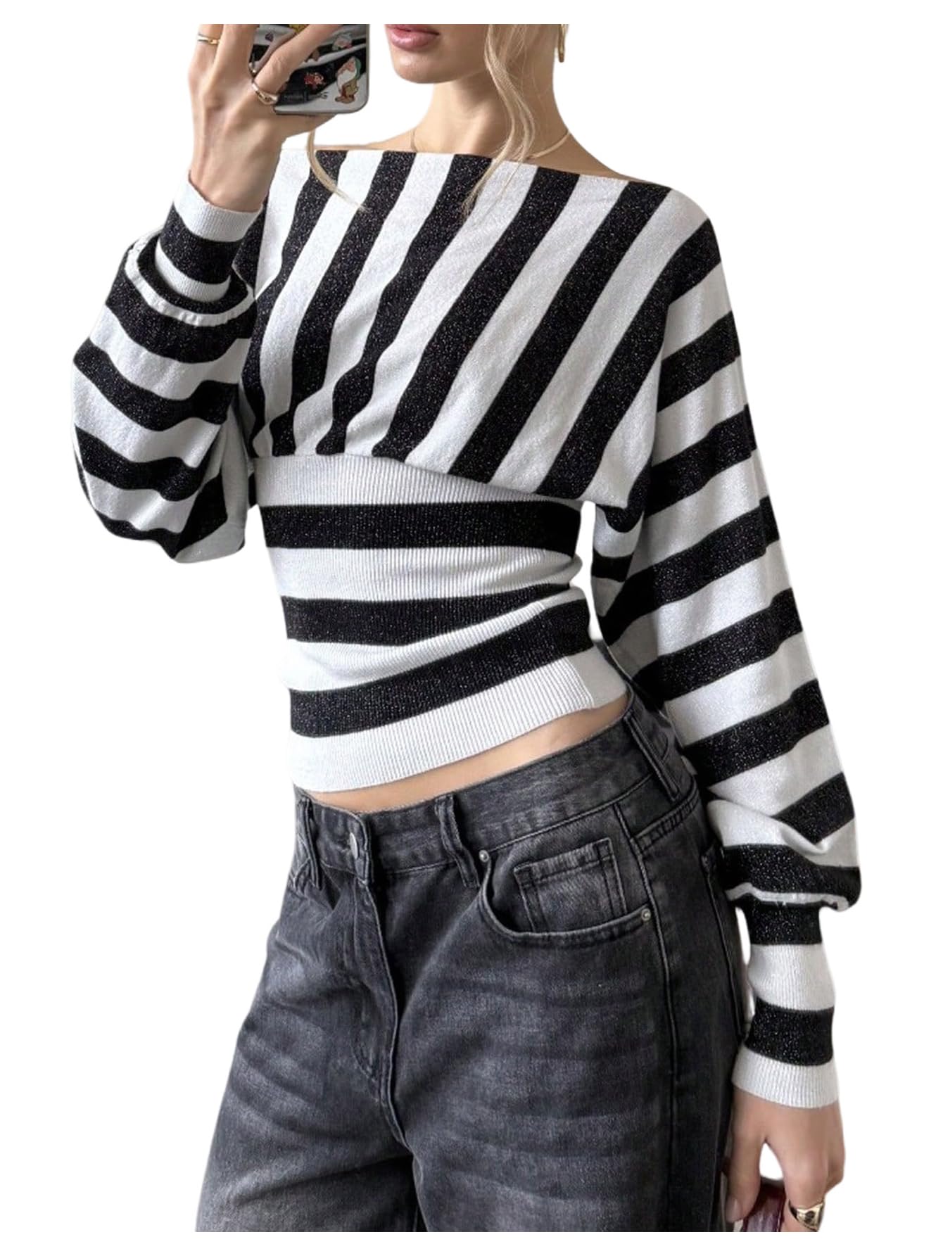 MakeMeChic Womens Striped Off The Shoulder Sweater Long Sleeve Knit Pullovers