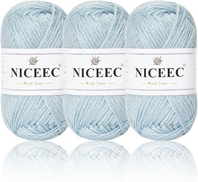 NICEEC 3 Skeins Soft Glossy Wool Blend Yarn 3x50g/3x110yds- Light Blue