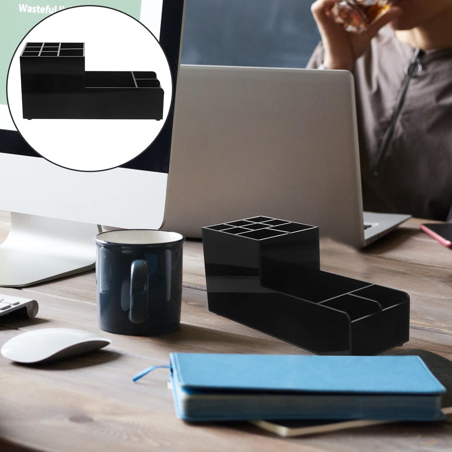 Bar Tool Organizer Rack with 11 Compartments, Black Matte Finish, Cocktail Shaker Spoon Holder and Ice Pick Storage for Home Bar and Restaurant Countertop