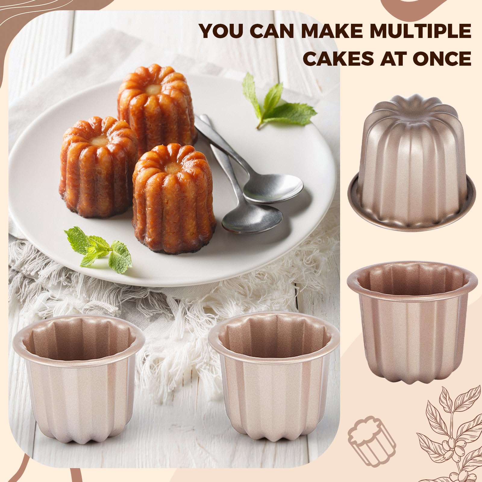 Blushtier 6 moldes de canele antiadherentes de 2.9 pulgadas, moldes para magdalenas, moldes de acero al carbono, moldes de pastelería, mini soportes para magdalenas, moldes para tartas, moldes para