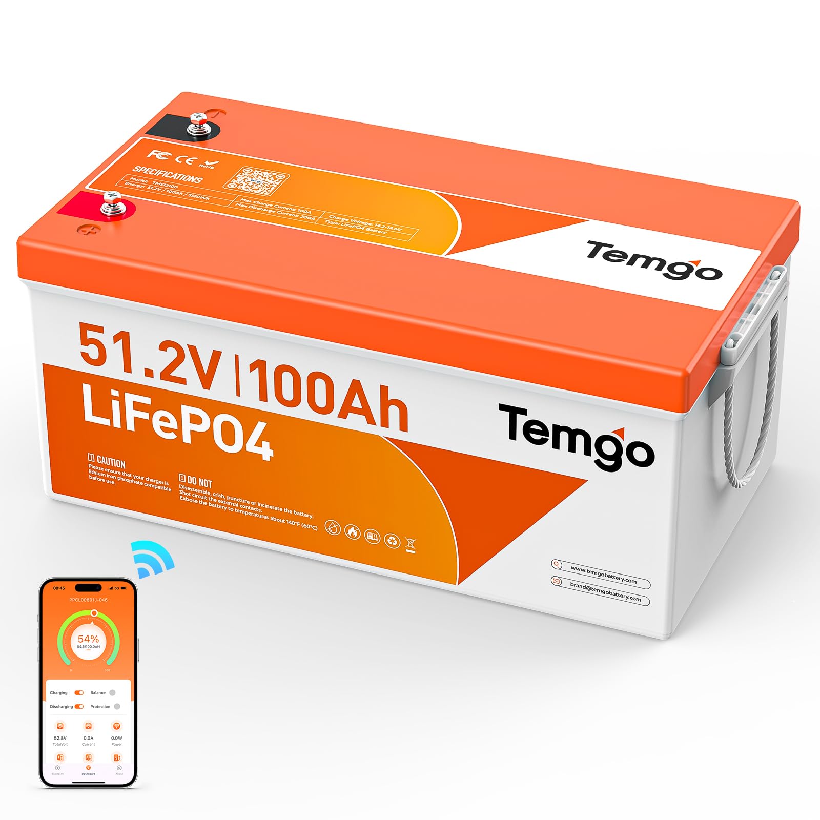 48V (51.2V) 100Ah Lithium Iron Phosphate (LiFePO4) Battery with Bluetooth &amp; Low-Temp Protection, Built-in 200A BMS, Ideal for Golf Carts, Solar Energy Storage, RV, and Off-Grid Applications