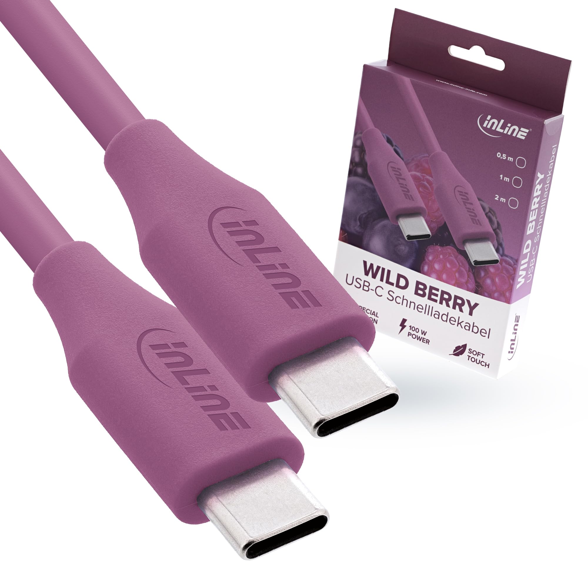 InLine Colour your Charge USB C Kabel 100W, PD Schnellladekabel, Silikon Ladekabel, flexibel, für iPhone Air 17 Pro 16 15 iPad Galaxy S23 Pixel Tablets, 2m, Wild Berry (lila), 35892P