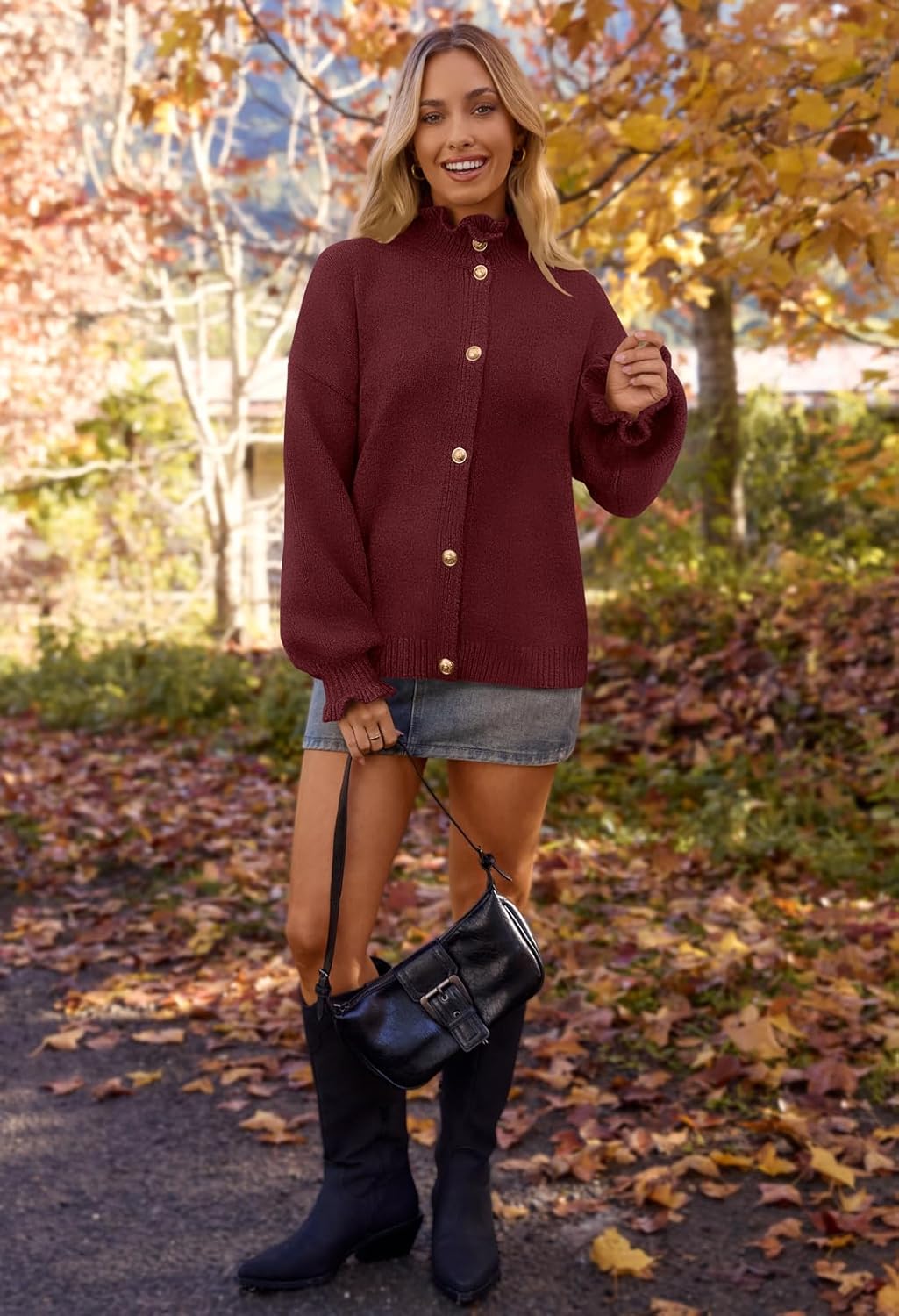 MEROKEETY Women's Fall 2026 Chunky Cardigan Sweaters Trendy Ruffle Button Down Long Sleeve Casual Knit Coat Winter Clothes - Image 2