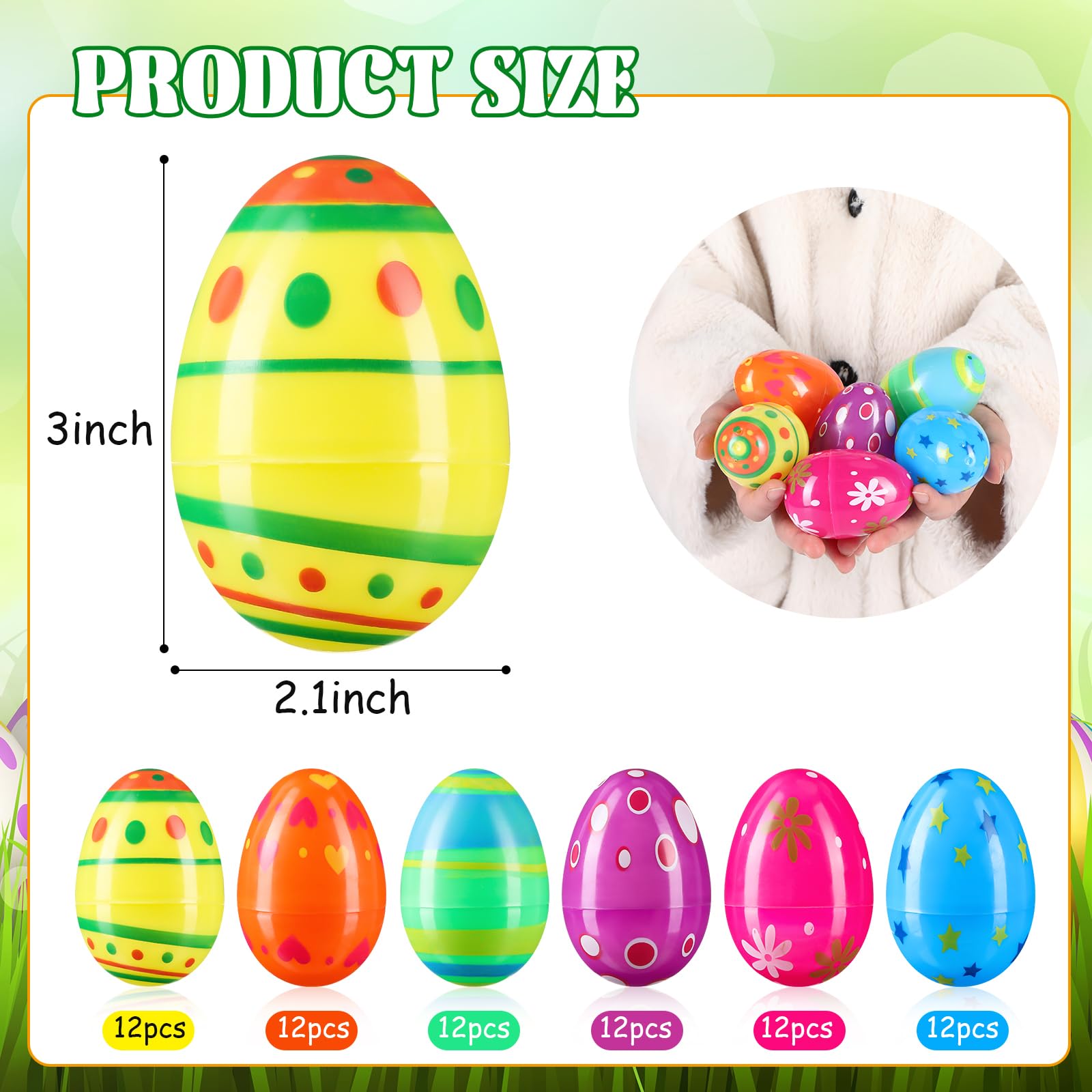 RoundFunny 72 Pcs 3'' Fillable Easter Eggs Empty Plastic Easter Eggs Bright Easter Basket Stuffers Easter Hunt Game Party Favor Boys Girls Classroom Toys Stuffers