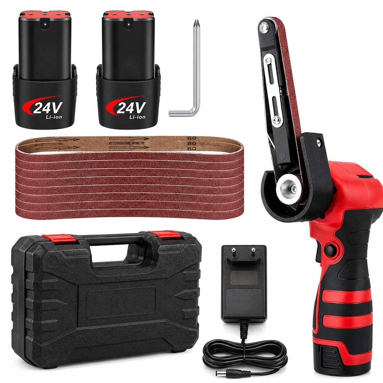 Mini Levigatrice a Nastro a Batteria 24V 10x330mm 360° con 2 Batterie 10 Nastri Abrasivi per Metallo Legno