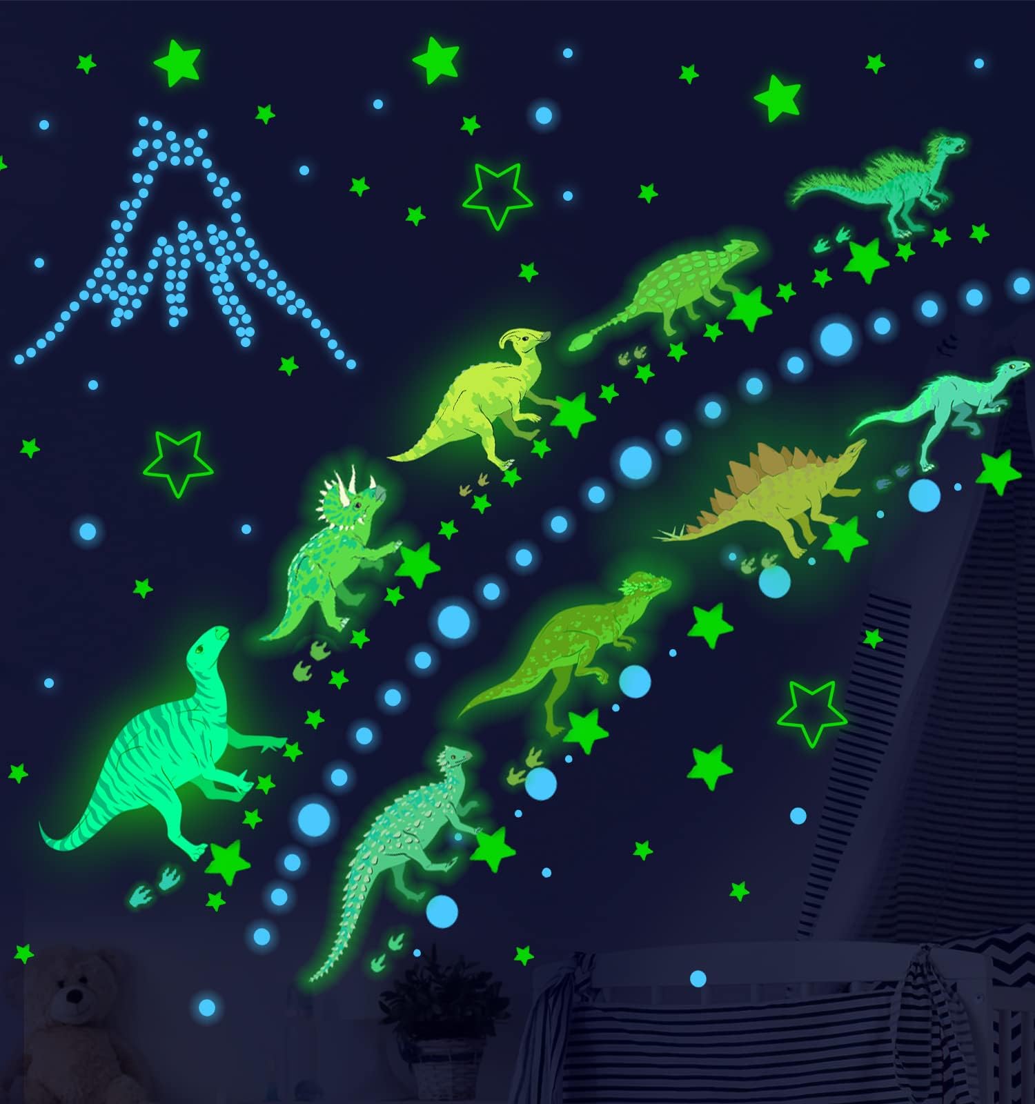 Glow in The Dark Dinosaur Wall Decals - 652Pcs Dinosaur Wall Stickers for Boys Room,Kids Wall Decor Stars for Baby Nursery Boys Bedroom Ceiling (Green Dinosaur)