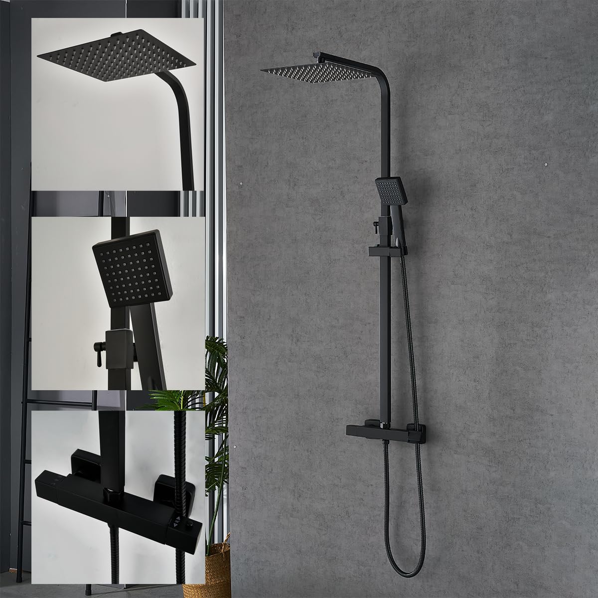 Plumbsys Black Thermostatic Shower Mixer Set Square Shower kit 10 inch Stainless Steel Overhead Shower Brass Thermostatic Valve