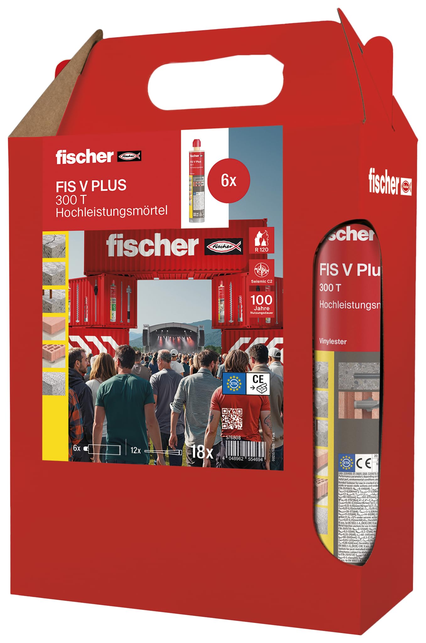 fischer Mortero de alto rendimiento FIS V Plus 300 T en práctico paquete de seis unidades, mortero de inyección resistente a la intemperie, el potente mortero para máxima seguridad en hormigón y