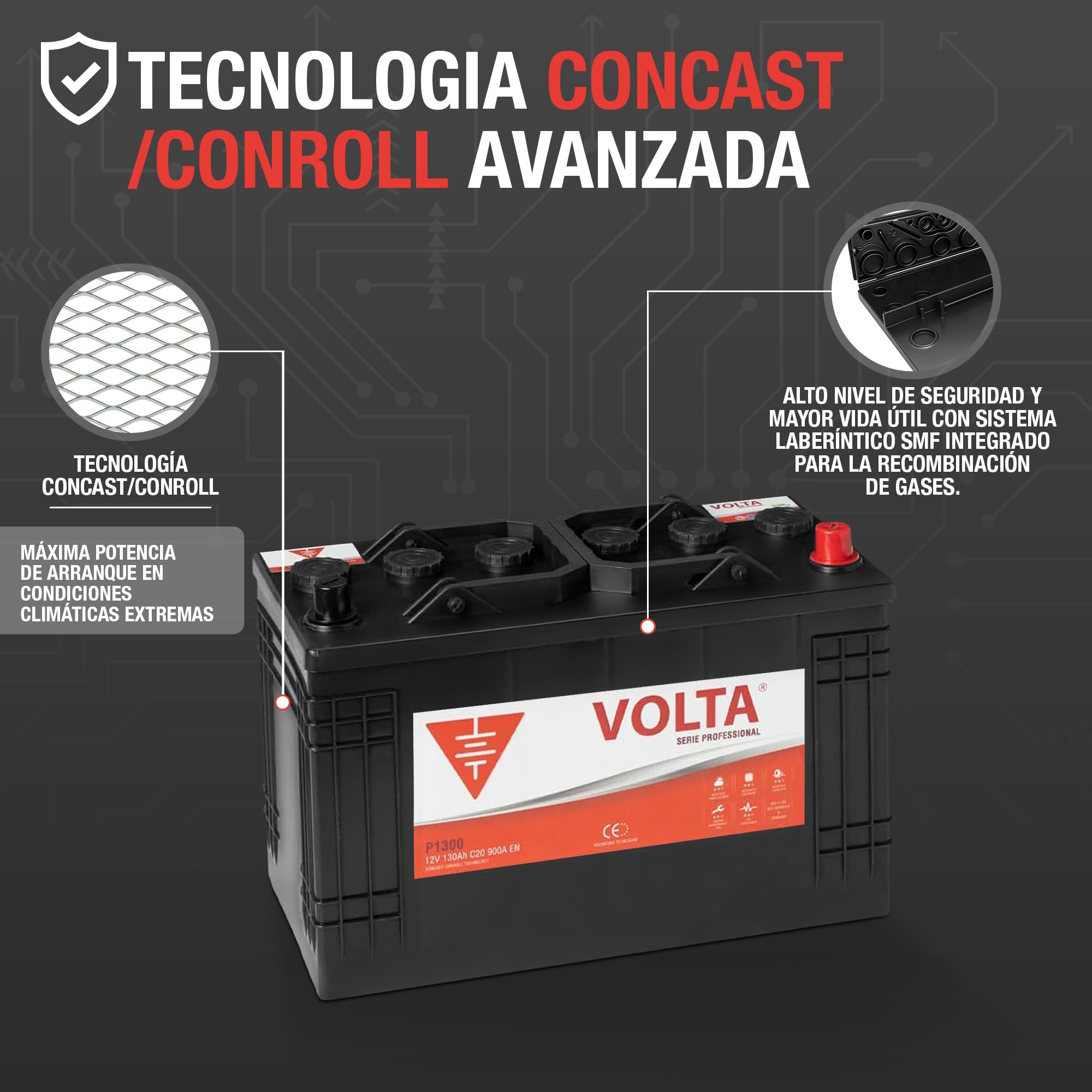 Bateria de Camión Professional 130Ah 900A Volta P1300D - Borne +Dcha - Medidas Largo 345 x Ancho 175 x Alto 238 mm con 2 años de Garantía - Fabricación Europea.