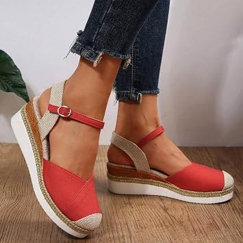 Orthopedic Platform Wedge Sandals for Women Summer Dressy 2023 Flat Open Toe Ankle Strap Espadrilles Sandals Casual Strappy Slip on Sandals Beach Boho Sandals Comfortable Outdoor Shoes 1-Red, 9