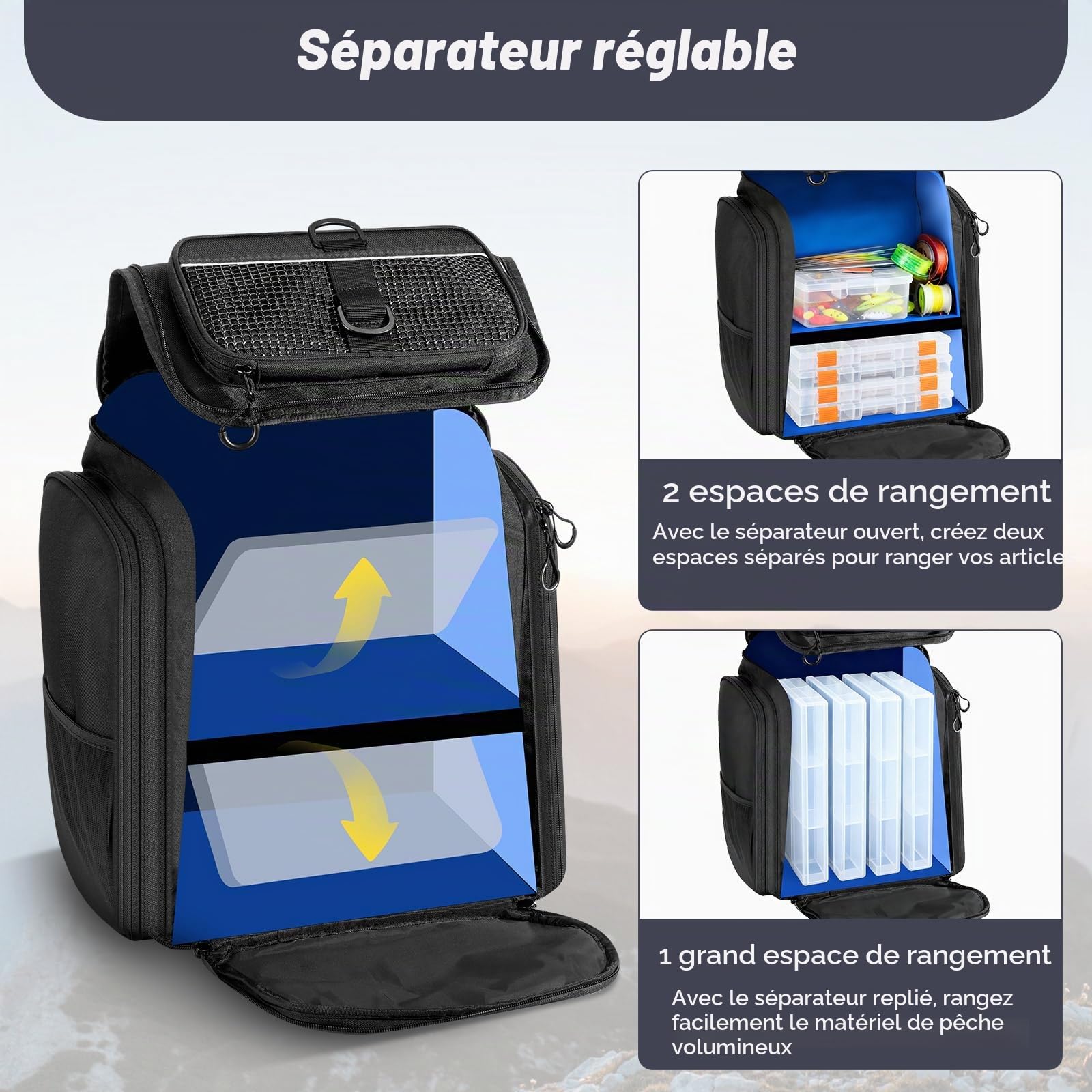 MoKo Sac à Dos de pêche, Grand Sac à Dos de pêche 40L avec Porte-Cannes et classeur d'appâts pour Stocker Le matériel de pêches⁠⁣ et l'équipement pour la randonnée et Le Camping, Noir