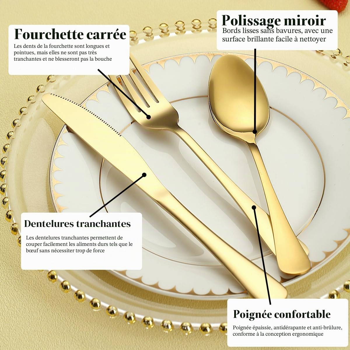 Ensemble de couverts en or 60 pièces Service pour 20, couteaux en acier inoxydable cuillère fourchettes ensemble pour mariage, fêtes, événements, maison, cadeau pour Thanksgiving