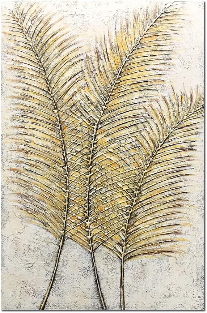 Paintings, 24x36 Inch Paintings Yellow Gold Leaves Gold Feather Oil Hand Painting 3D Hand-Painted On Canvas Abstract Artwork Art Wood Inside Framed Hanging Wall Decoration