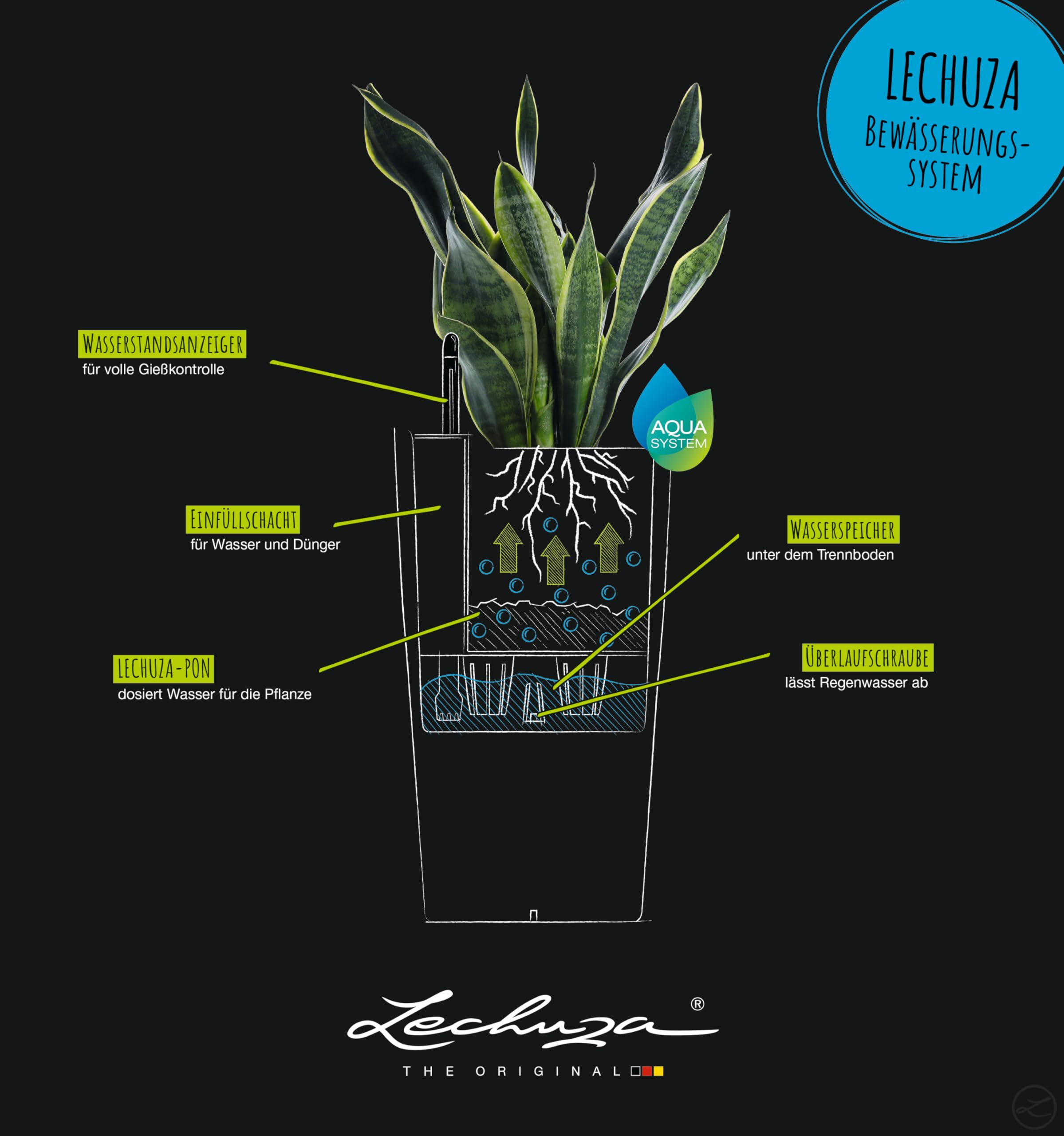 LECHUZA - 15785 Rondo Premium 32 plantenbak matzwart, plantenzuil met irrigatiesysteem, waterniveau-indicator en planteninzet, mat oppervlak, diameter 32,5 x 56,5 cm