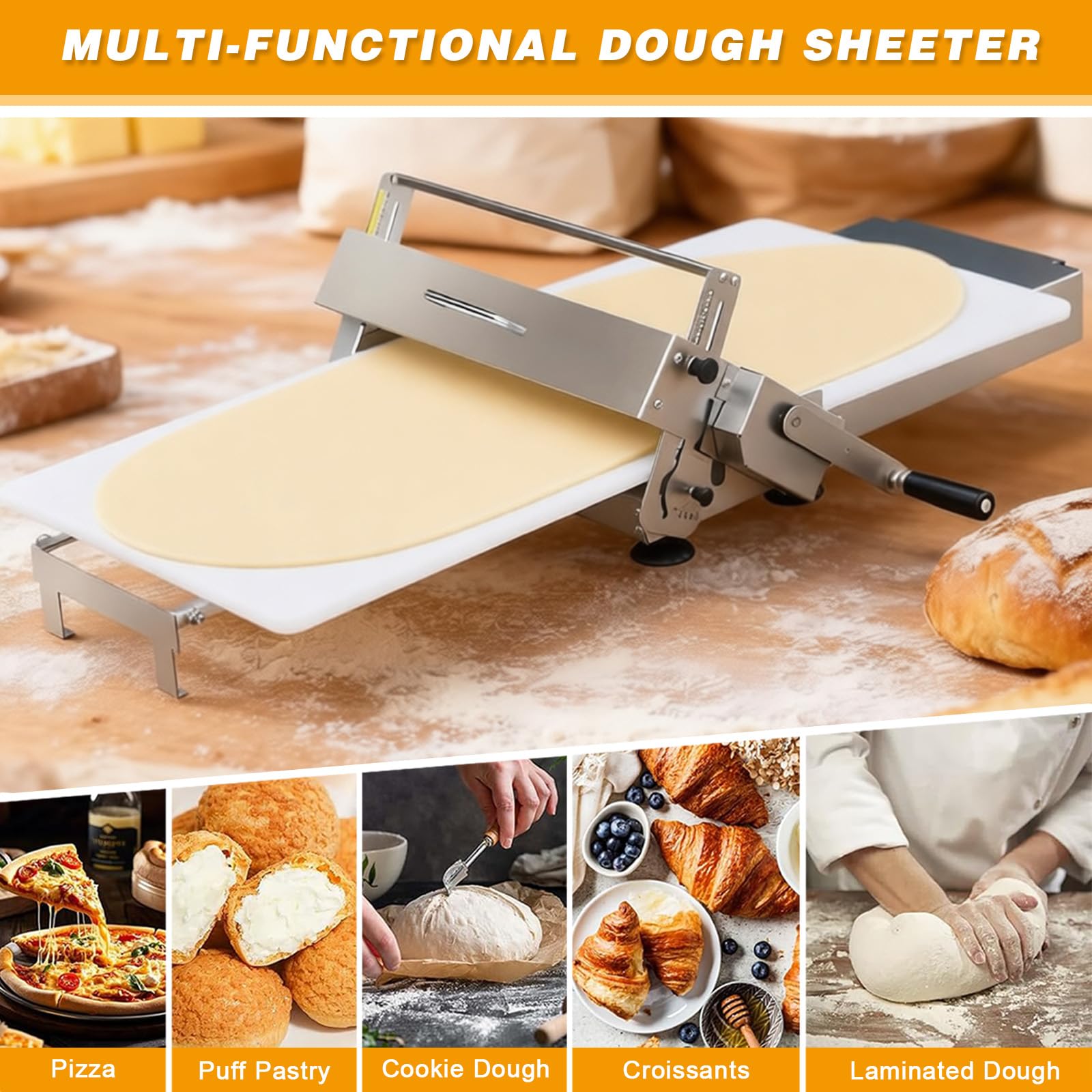 Laminoir à Pâte Pliable Laminoir Manuel avec Poignée Laminoire à Pate Feuilletée avec épaisseur Réglable 0-25mm Laminoir Pâtisserie en Acier Inoxydable pour Pizza Croissant Pâtes Domestique Commercial