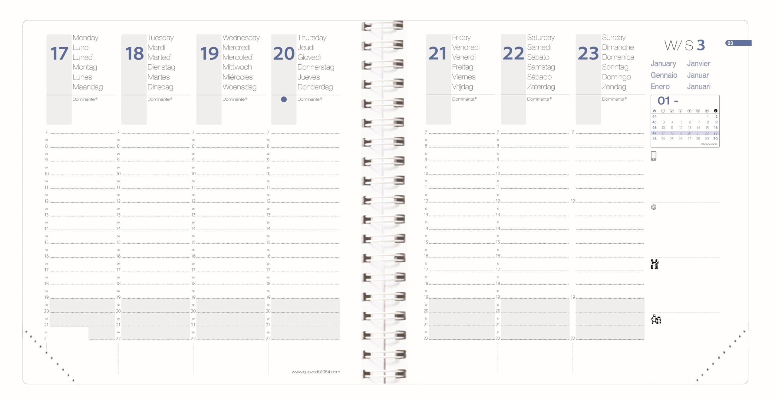 Quo Vadis - Agenda - Spiralé - 2026 - Time & Life Medium - Semainier Planning - Multilingue - Gris - 13 mois de décembre à décembre - 16x16 cm - Papier Clairefontaine blanc - Fabrication française