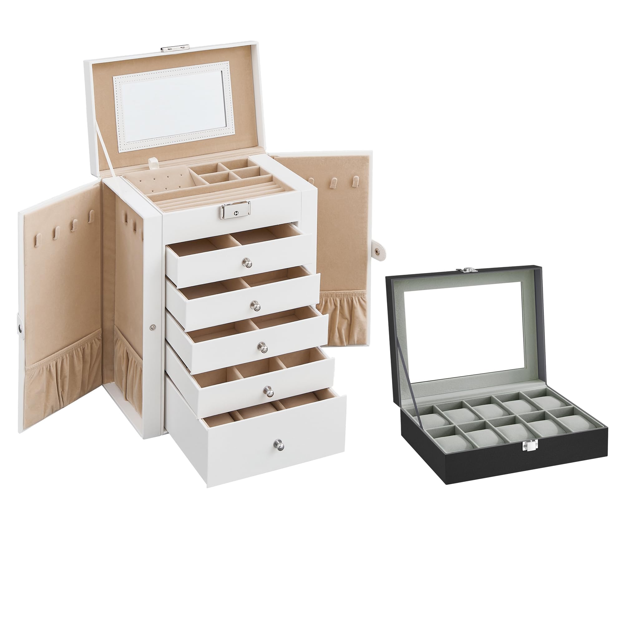 SONGMICS 6-Tier Jewelry Box and 10-Slot Watch Box Bundle, Jewelry Case with 5 Drawers, Watch Case with Large Glass Lid, Large Storage Capacity, Mirror, Lock, White and Black UJBC152W01 and U