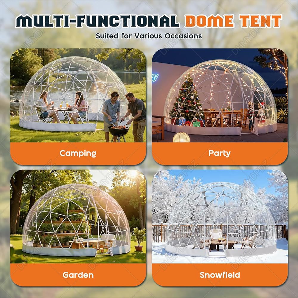 Odporne deszcz igloo ogrodowe,odporne warunki atmosferyczne,wytrzymała konstrukcja geodezyjna 10metrowymi lampkami LED kształcie gwiazdek,prefabrykowany schron zewnętrzny surową zimę upalne 12FT