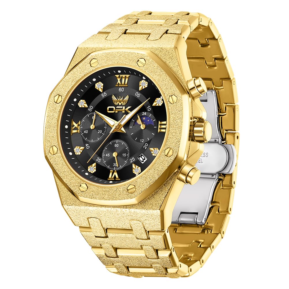 Mens Chronograph Quartz Watches Frosted Diamond Dial Moon Phase Stainless Steel Strap Date Display Luminous Waterproof Luxury Sports Wrist Watch-image-11