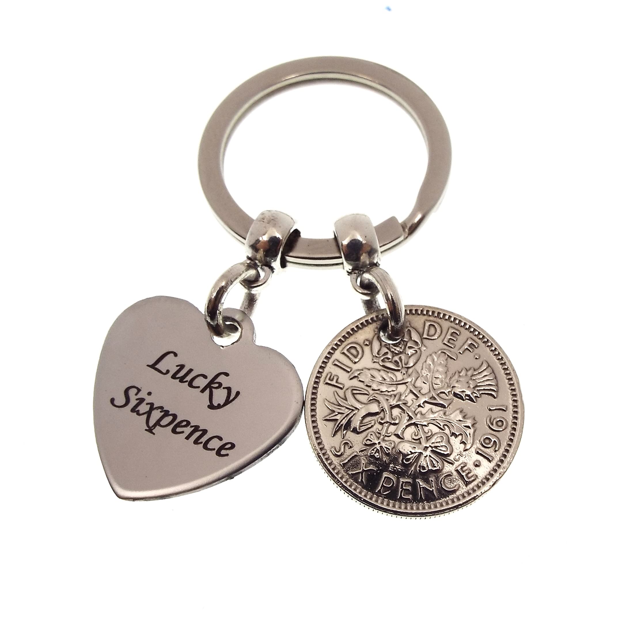 A Silver Dream Lucky Sixpence Heart Charm 1961 Coin Keyring