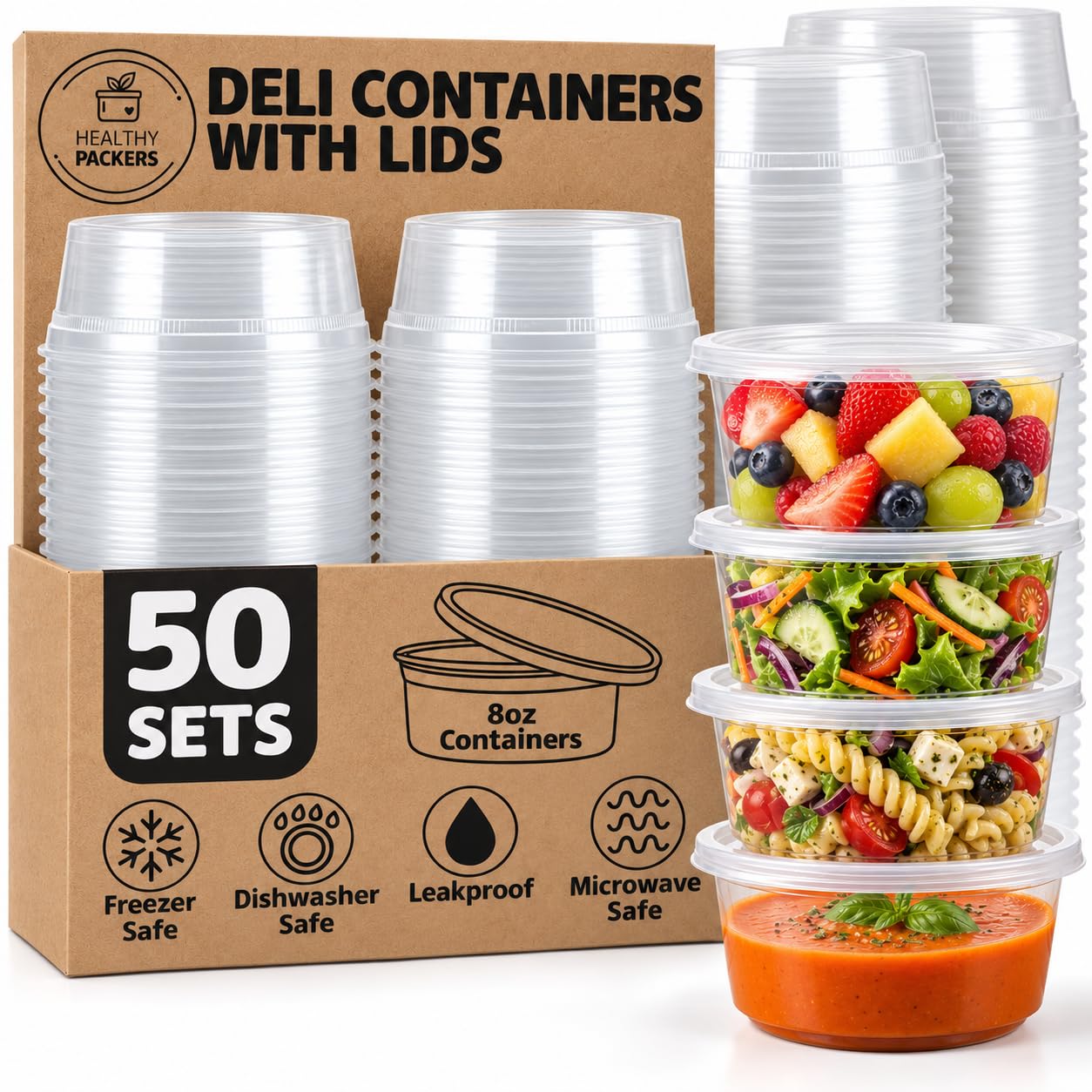 Boite de conservation alimentaire en plastique de 235 ml avec couvercle hermétique (lot de 50) pour repas, conservation des aliments et congélation, soupes, sauces, snacks et bien plus encore